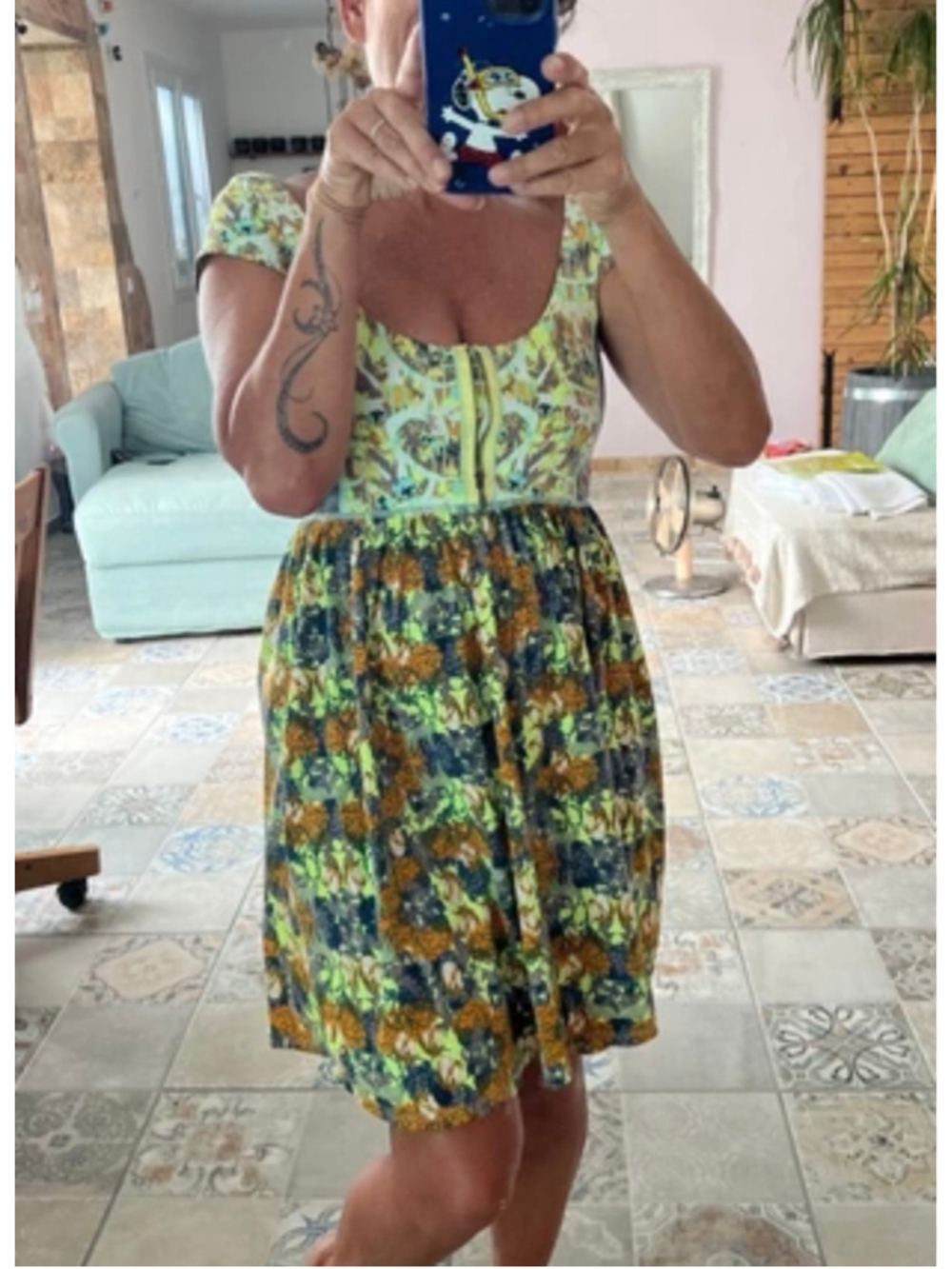 Maaji Mini Swim Dress Size S Unicorn Pattern Front Zip Stretch Boho Unique